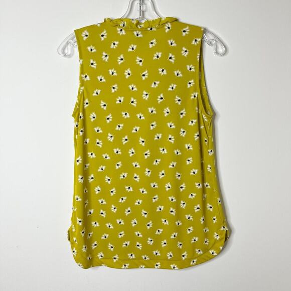 Ann Taylor Women's Top XS Floral Mustard Yellow Sleeveless Ruffle V-Neck Tank - Picture 6 of 8
